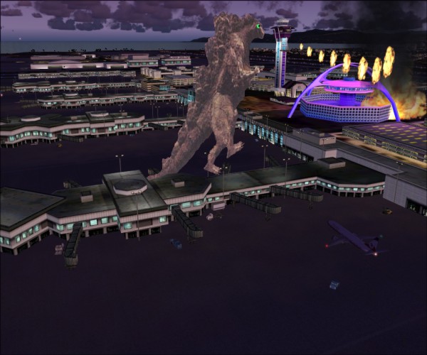 Godzilla Is On The Rampage In Flightsim Fs2004/Fs9..Blowing Fireballs..take Out That Ai Gu