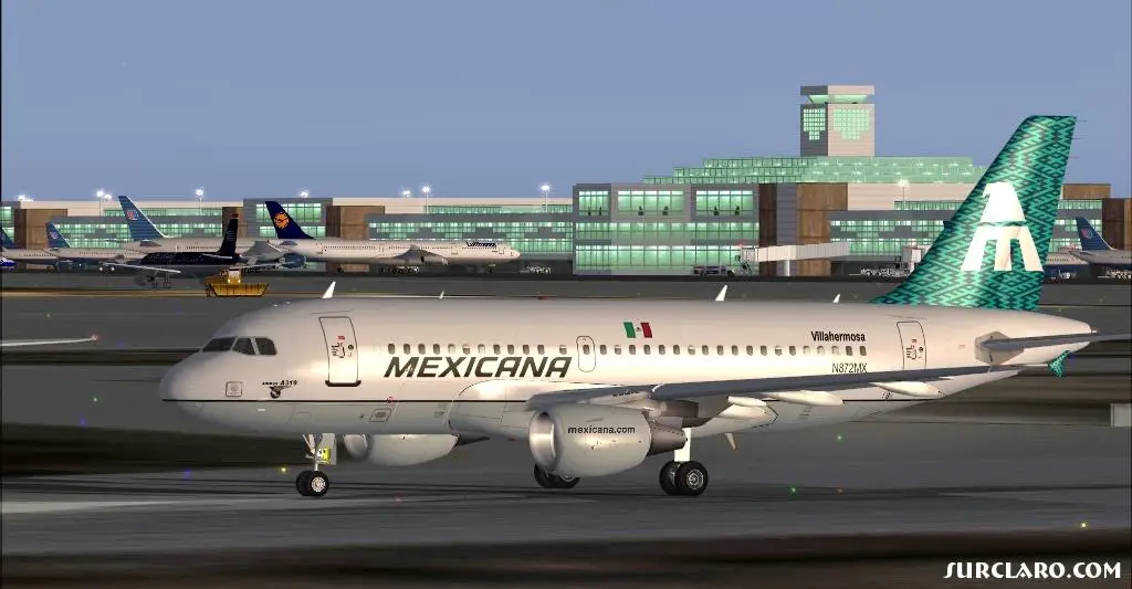 Mexicana A319 holding short Rwy34R at KDEN for a late PM departure to MMMX.  Look at the detail in this airport; in the background is a snow plow!  Credits: Excellent airport KDEN by Gary Widup, Airbus A319 by iFDG, Mexicana repaint by Angel Salazar.  - Photo 6056