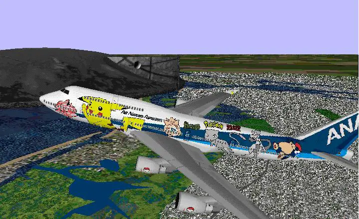 ANA B747-400 wearing Pokémon colors flying high over NYC trying to escape from eminent alien attack from ID4 Mother Ship. - Photo 1075
